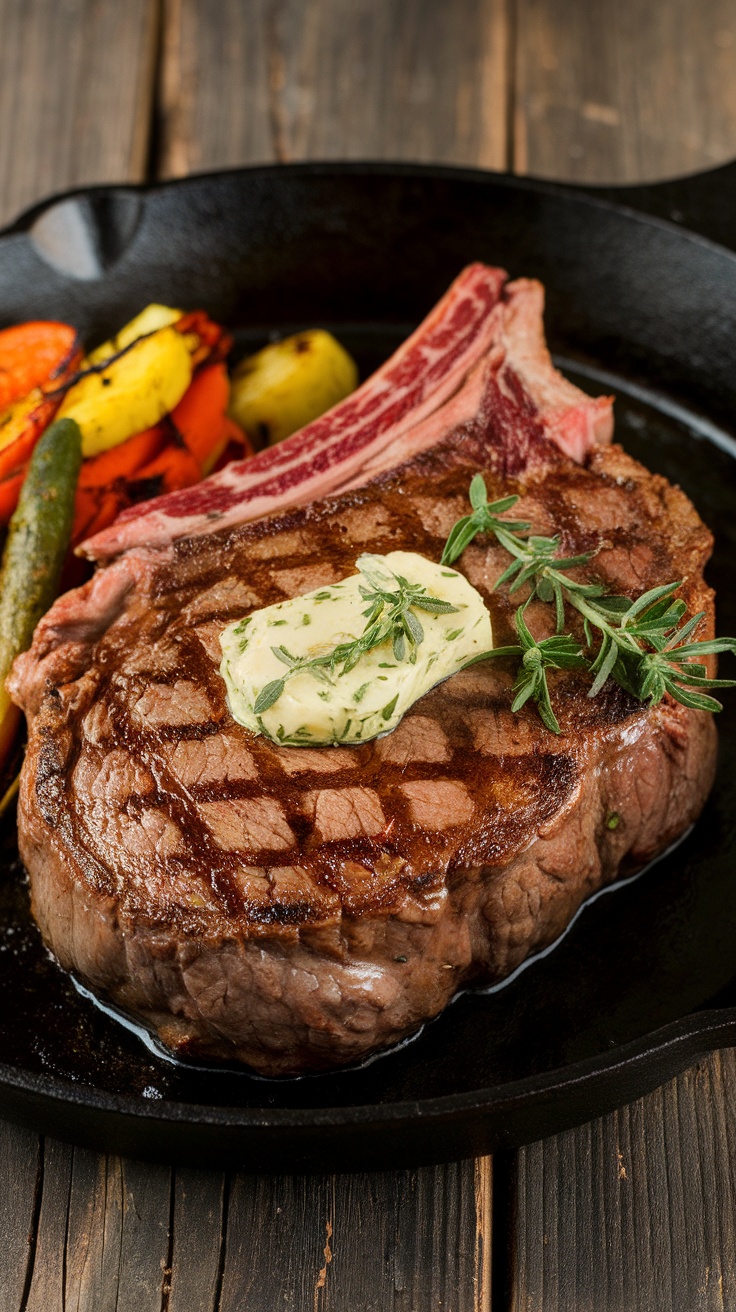 Perfectly cooked ribeye steak in a cast iron skillet, garnished with herbs and melting steak butter.